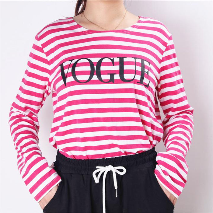 Spring Summer Printed Striped Cotton Long Sleeved T Shirt Women Soft Loose Top Vogue-Fancey Boutique