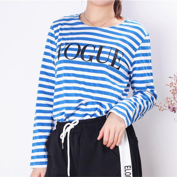 Spring Summer Printed Striped Cotton Long Sleeved T Shirt Women Soft Loose Top Vogue-Fancey Boutique