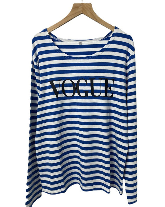 Spring Summer Printed Striped Cotton Long Sleeved T Shirt Women Soft Loose Top Vogue-Fancey Boutique