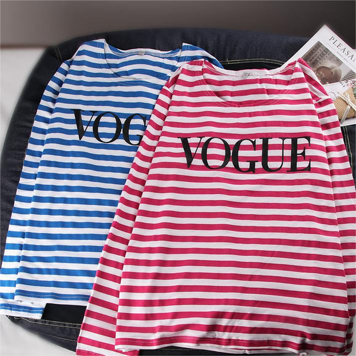 Spring Summer Printed Striped Cotton Long Sleeved T Shirt Women Soft Loose Top Vogue-Fancey Boutique