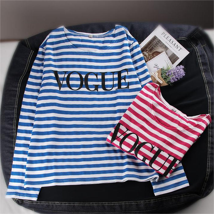 Spring Summer Printed Striped Cotton Long Sleeved T Shirt Women Soft Loose Top Vogue-Fancey Boutique