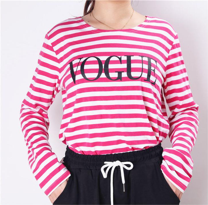 Spring Summer Printed Striped Cotton Long Sleeved T Shirt Women Soft Loose Top Vogue-Pink-Fancey Boutique