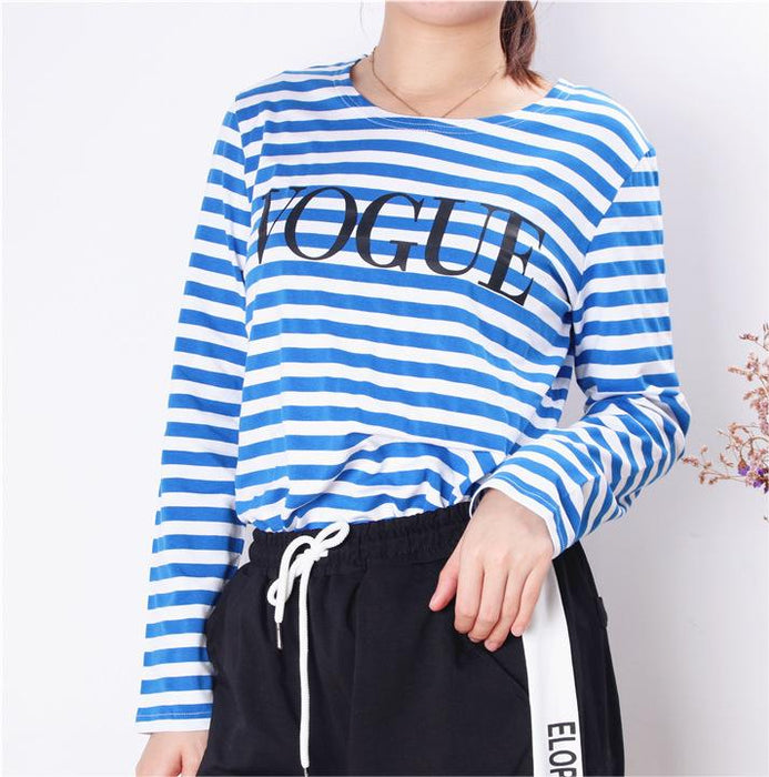 Spring Summer Printed Striped Cotton Long Sleeved T Shirt Women Soft Loose Top Vogue-Blue-Fancey Boutique