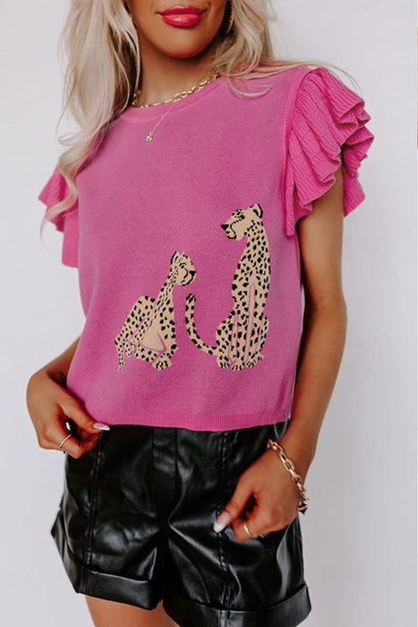 Leopard Pattern Woolen Vest Women Summer Women Clothing Simple Ruffle Sleeve Knitted Top-Fancey Boutique