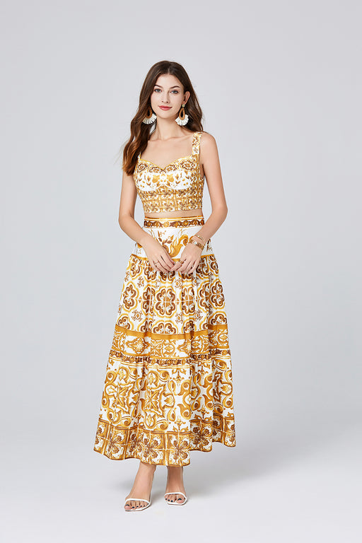 Printed Stitching Contrast Color Three Dimensional Strapless Skirt With Strap Two Piece Set With Chest Pad-Yellow-Fancey Boutique