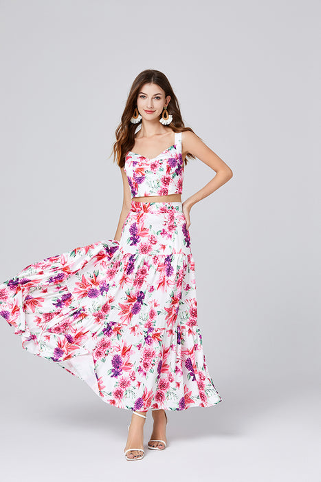 Summer Flower Stitching Three Dimensional Strapless Sling Skirt Two Piece Set With Breast Pad-Fancey Boutique