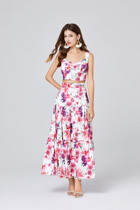 Summer Flower Stitching Three Dimensional Strapless Sling Skirt Two Piece Set With Breast Pad-Fancey Boutique