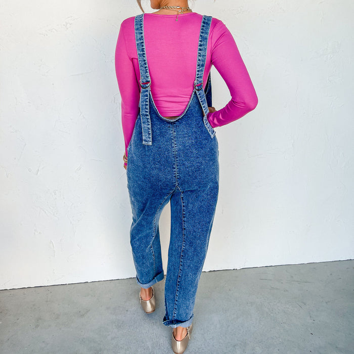 Ladies Jumpsuit Classic Denim Washed Suspenders Tooling Double Pockets Casual Suspender Trousers-Fancey Boutique