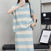 Casual Age Reducing Suit Women Loose All Match Polo Collar Color Striped Sweater Skirt Women Two Piece Set-Blue-Fancey Boutique