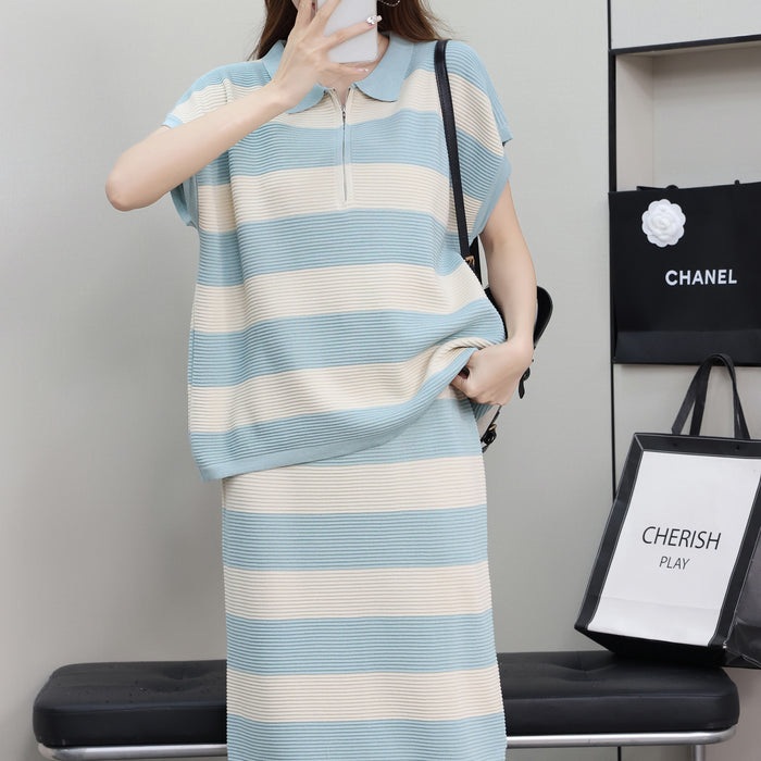 Casual Age Reducing Suit Women Loose All Match Polo Collar Color Striped Sweater Skirt Women Two Piece Set-Fancey Boutique