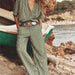 Women Clothing Summer Linen Blended Striped Shirt Wide Leg Pants Suit-Fancey Boutique