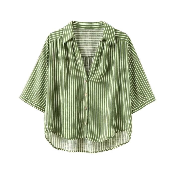 Women Clothing Summer Linen Blended Striped Shirt Wide Leg Pants Suit-Green Shirt-Fancey Boutique