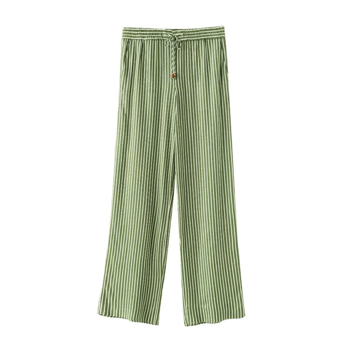 Women Clothing Summer Linen Blended Striped Shirt Wide Leg Pants Suit-Fancey Boutique