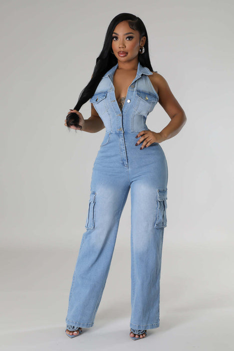 Tight Waist Slim Elastic Washing Denim Jumpsuit Straight Loose Jumpsuit-Light Blue-Fancey Boutique