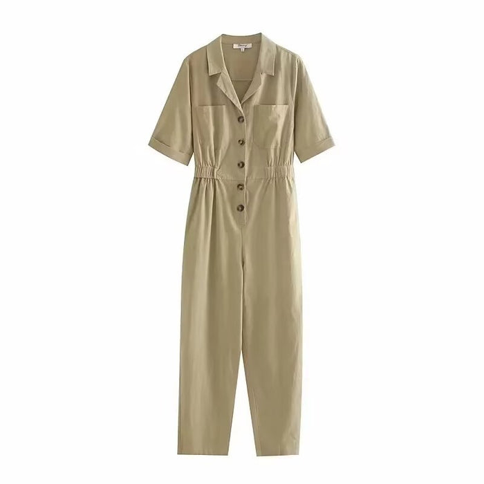 Summer Collar Short Sleeved Jumpsuit-Khaki-Fancey Boutique