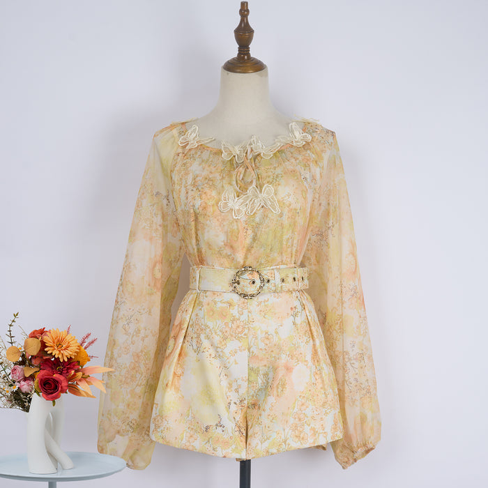 Women Spring Printed Long Sleeve Elegant Belted Short Sets-Yellow-Fancey Boutique