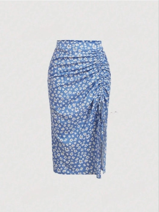 Summer High Waist Small Chrysanthemum Printed Drawstring Slit Sheath Skirt Women-Blue Background-Fancey Boutique