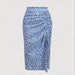 Summer High Waist Small Chrysanthemum Printed Drawstring Slit Sheath Skirt Women-Blue Background-Fancey Boutique