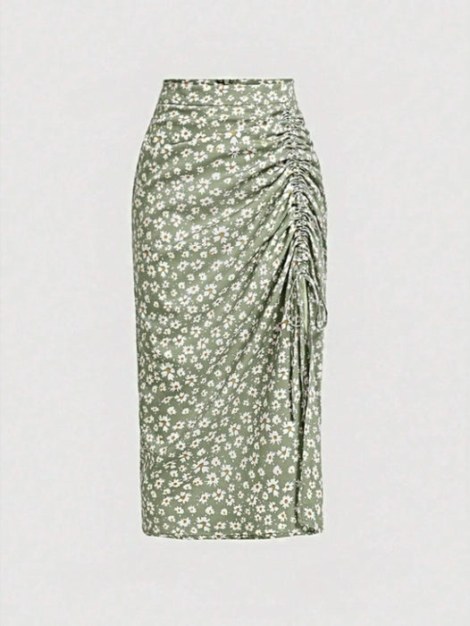 Summer High Waist Small Chrysanthemum Printed Drawstring Slit Sheath Skirt Women-Green Background-Fancey Boutique