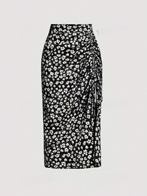 Summer High Waist Small Chrysanthemum Printed Drawstring Slit Sheath Skirt Women-Black Background-Fancey Boutique