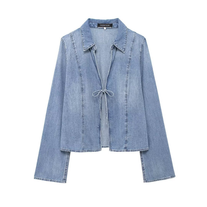 Summer Bowknot Decoration Pullover Denim Blouse Women-Fancey Boutique