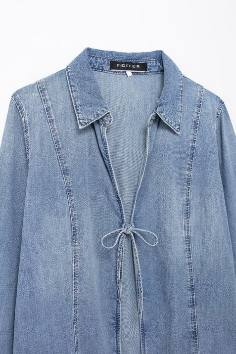 Summer Bowknot Decoration Pullover Denim Blouse Women-Fancey Boutique