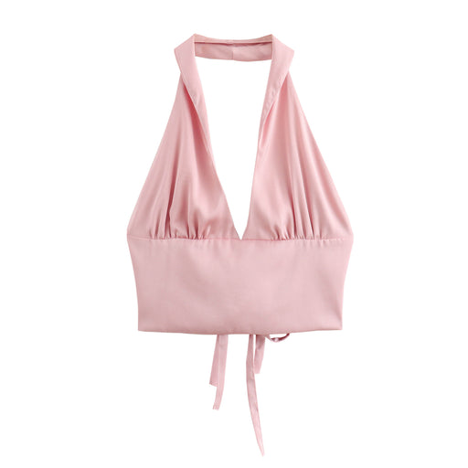 Women Clothing Summer Silk Satin Texture Strap Halter Camisole-Pink-Fancey Boutique