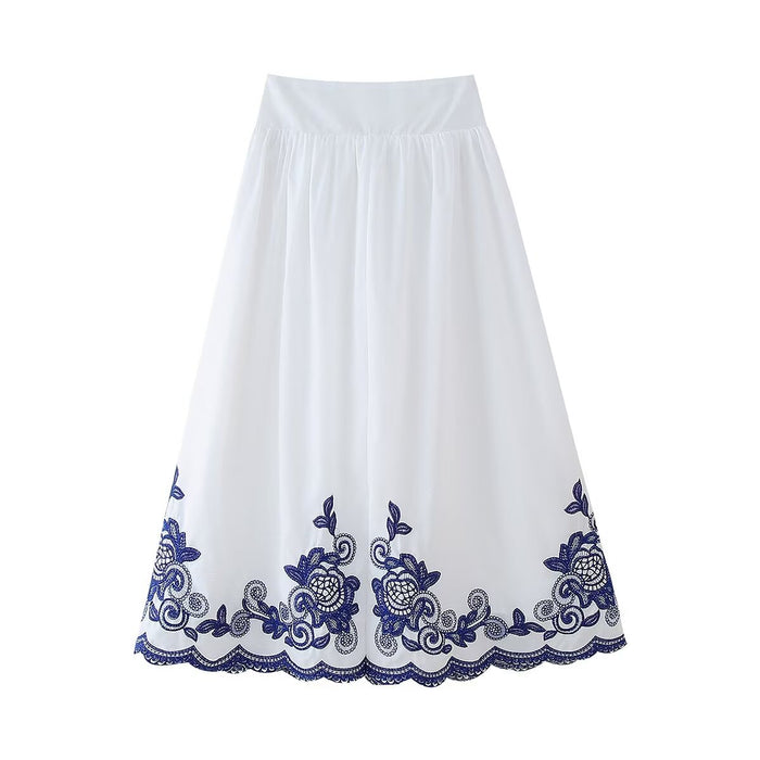 Women Clothing Autumn Contrast Color Embroidered Shirt High Waist A line Skirt Set-Skirt-Fancey Boutique