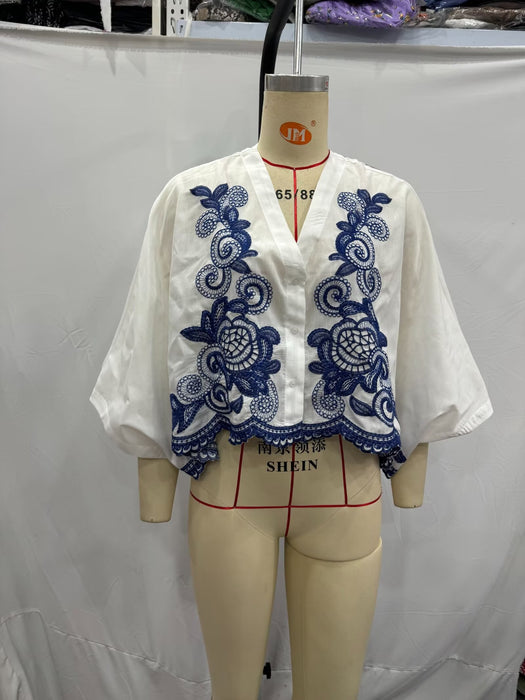 Women Clothing Autumn Contrast Color Embroidered Shirt High Waist A line Skirt Set-Fancey Boutique