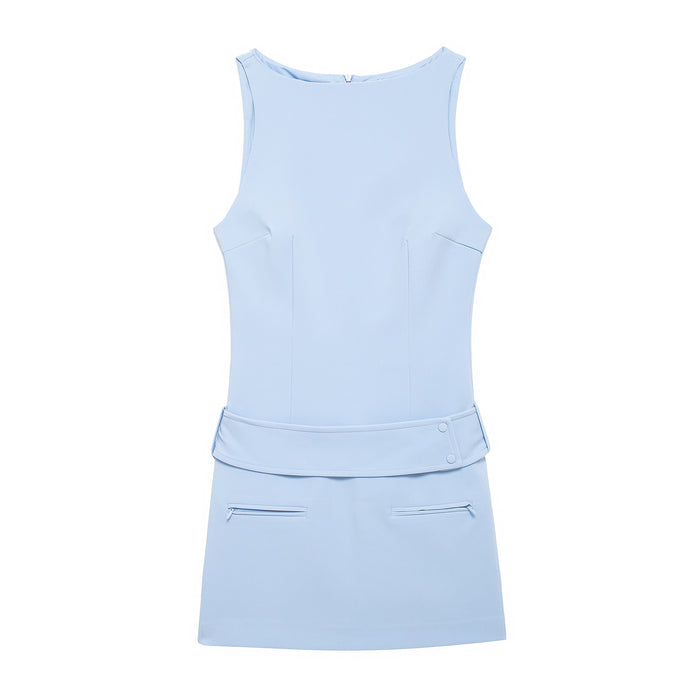 Spring Women Clothing Slim Fit With Belt Short Sleeveless Dress-Light Blue-Fancey Boutique