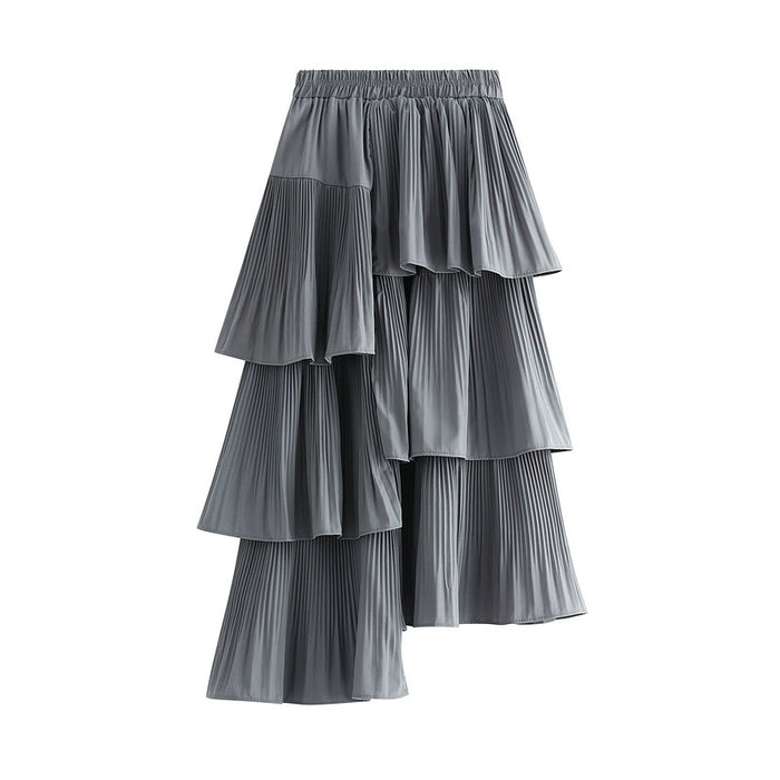 Color-Gray-Autumn Winter Korean Asymmetric Pleated Tiered Skirt Women AllMatch Mid Length Ruffled Irregular Asymmetric Skirt-Fancey Boutique