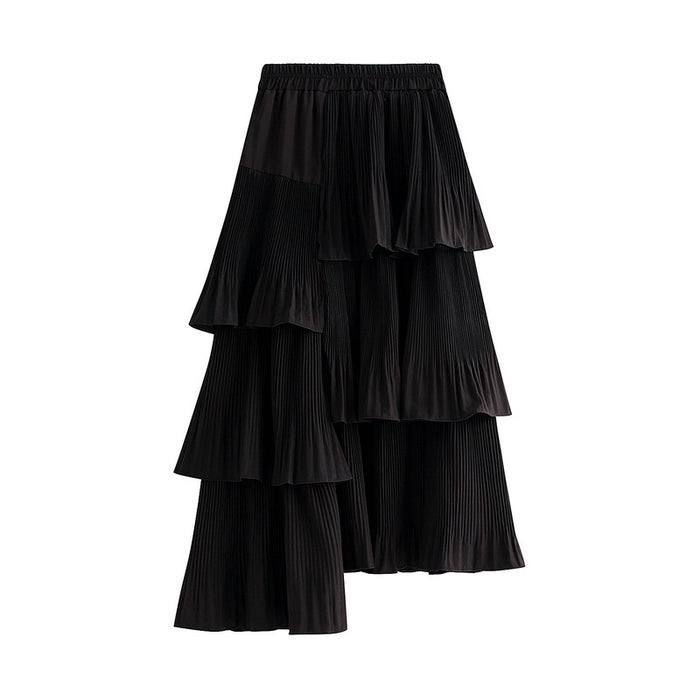 Color-Black-Autumn Winter Korean Asymmetric Pleated Tiered Skirt Women AllMatch Mid Length Ruffled Irregular Asymmetric Skirt-Fancey Boutique