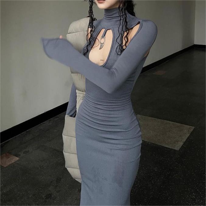 Elegant Sexy Backless Cross Halterneck Long Sleeve Slim Mid Length Dinner Dress Dress-Fancey Boutique
