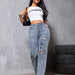 Retro Distressed Blue Straight Leg Denim Women Trousers Printed Ripped Street Fashionable Summer-Blue-Fancey Boutique