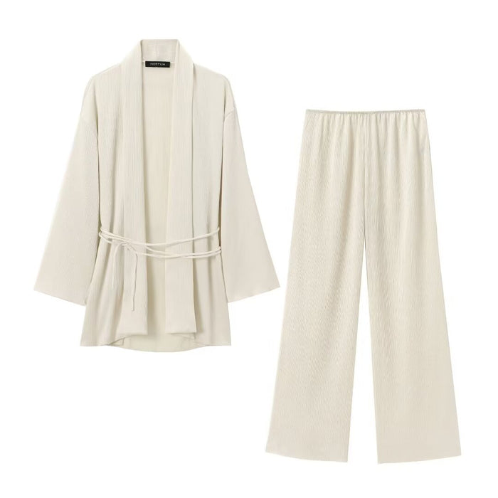 Women With Belt Pleated Kimono Coat Small Pleated Pants-Fancey Boutique