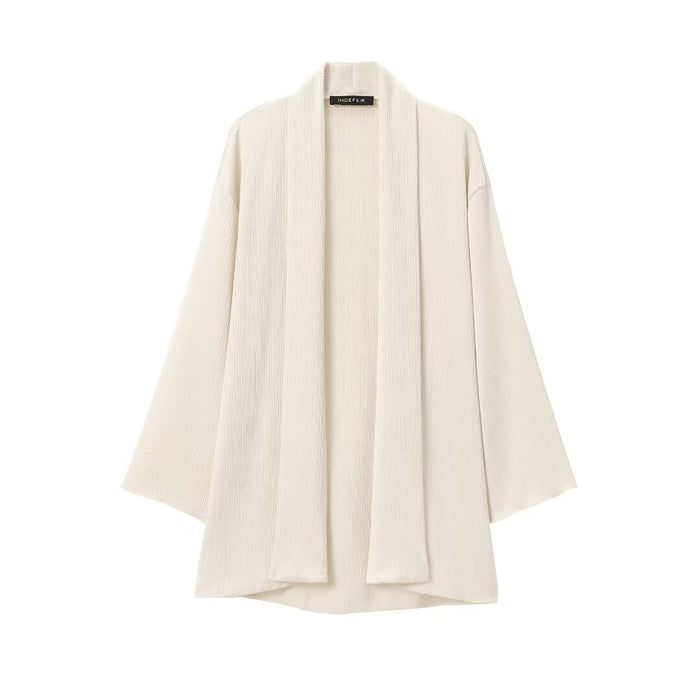 Women With Belt Pleated Kimono Coat Small Pleated Pants-White Top-Fancey Boutique