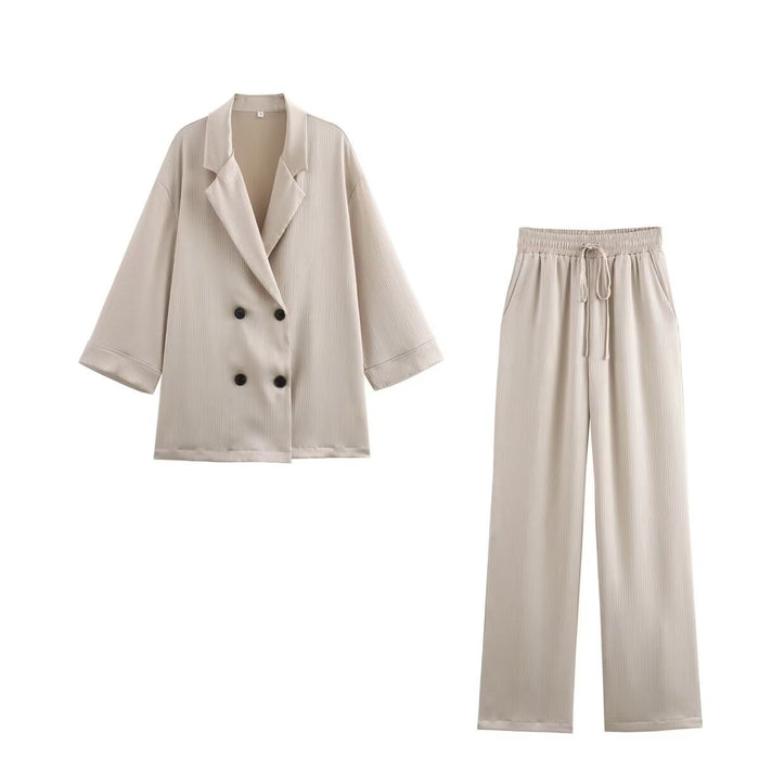 Women Clothing Wrinkle Effect Double Breasted Blazer High Waist Trousers Set-Fancey Boutique