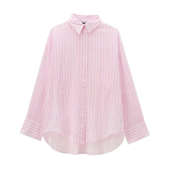 Women Striped Collared Loose Long Sleeve Casual Shirt-Fancey Boutique