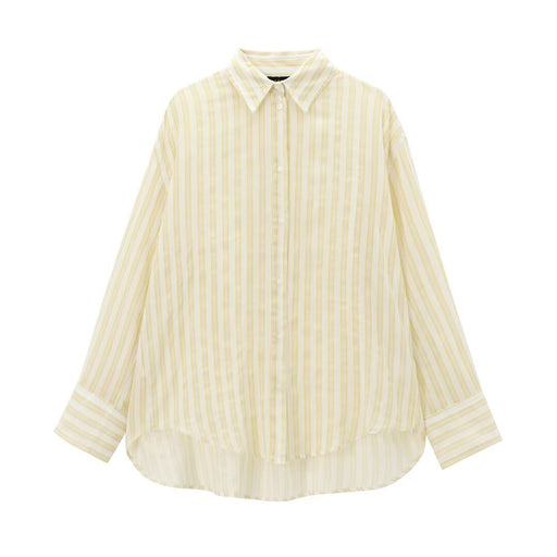 Women Striped Collared Loose Long Sleeve Casual Shirt-Yellow-Fancey Boutique