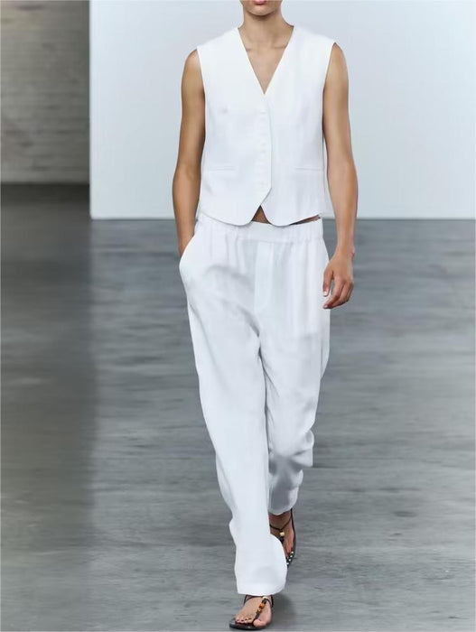 Summer Women Clothing Blended Linen Vest Casual Pants-Fancey Boutique