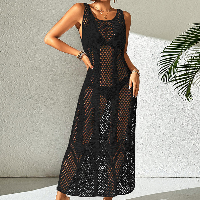 Vacation Dress Sexy U Collar Solid Color Hollow Out Cutout Out Camisole Maxi Dress Beach Sun Protection Dress-Black-Fancey Boutique