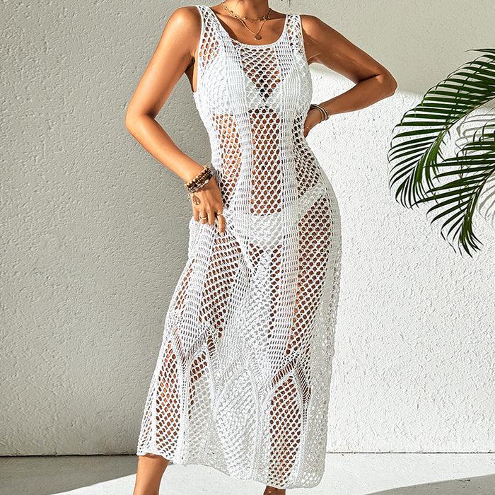 Vacation Dress Sexy U Collar Solid Color Hollow Out Cutout Out Camisole Maxi Dress Beach Sun Protection Dress-Fancey Boutique