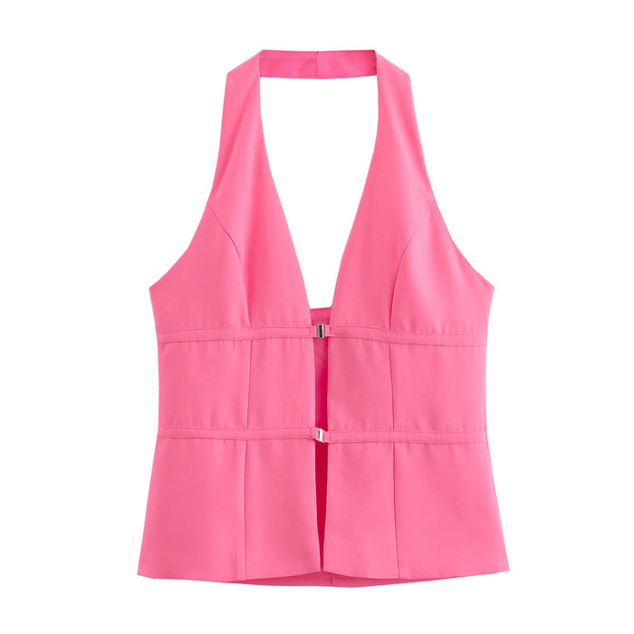 Pink Sleeveless Halter Button Sexy Slim Fit Backless Vest-Fancey Boutique