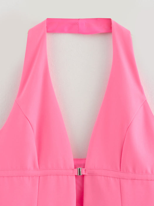 Pink Sleeveless Halter Button Sexy Slim Fit Backless Vest-Fancey Boutique
