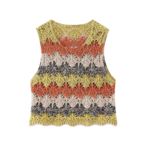 Summer Women Clothing Street Casual Hollow Out Cutout Round Sleeveless Knitwear-Multi-Fancey Boutique