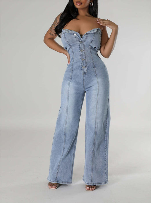 Tube Top Women Slim Fit Wide Leg Denim Jumpsuit-Light Blue-Fancey Boutique