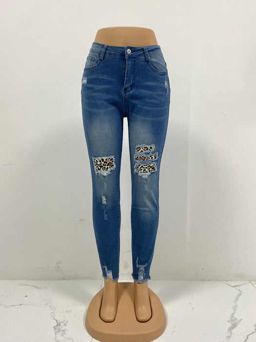 Spring Ripped Leopard Patch Slim Fit Slimming Mid Waist Washed Skinny Jeans for Women-Fancey Boutique