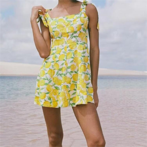 Women Clothing Summer Linen Blended Sleeveless Slimming Printed Sling Mini Dress-Fancey Boutique