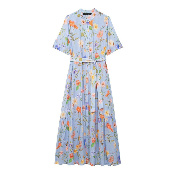 Women Clothing Floral Print Poplin Shirt With Belt Elegant Dress-Multi-Fancey Boutique