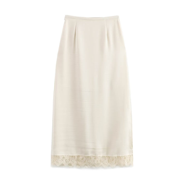 Women Simple Eyelash Lace Stitching Acetate Satin Skirt Straight Skirt-Fancey Boutique